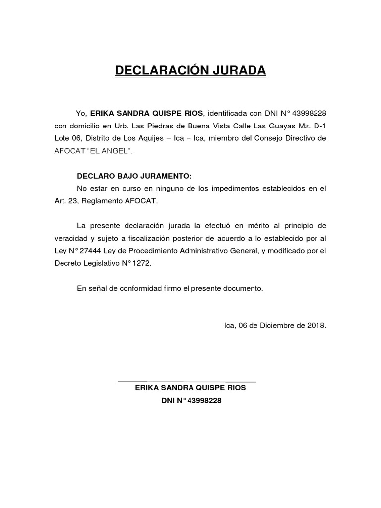 Declaración Jurada de No Tener Deudas en El Banco | PDF