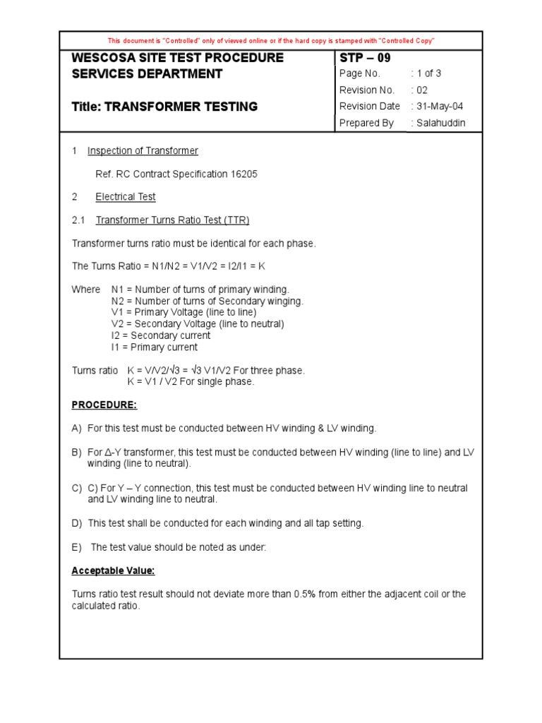 Transformer Test Procedure PDF Transformer Electrical Resistance