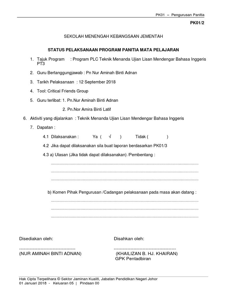Contoh Laporan Plc Spsk Format Docx
