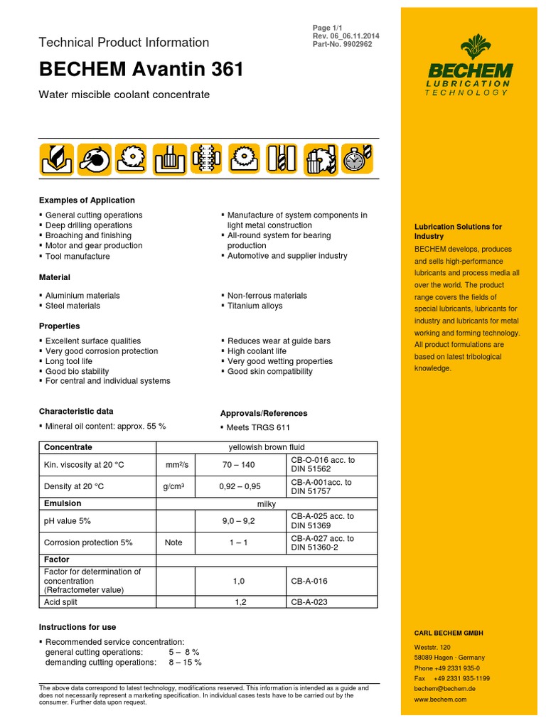 BECHEM Avantin 361 water miscible coolant concentrate | PDF | Lubricant ...