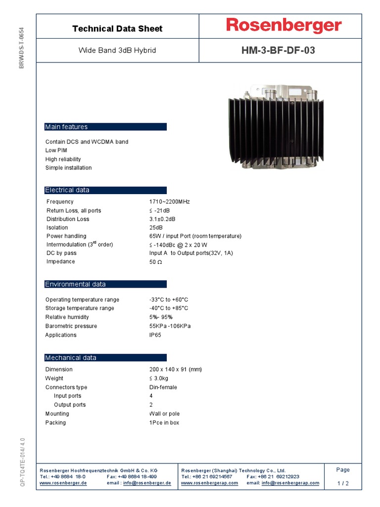 Wide Band 3dB Hybrid HM-3-BF-DF-03 | PDF | Manufactured Goods | Electricity