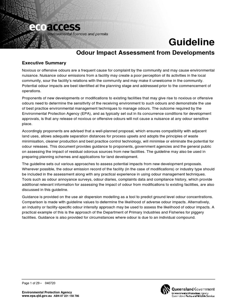 Guideline Odour Impact Assessment From Developments PDF Odor Air