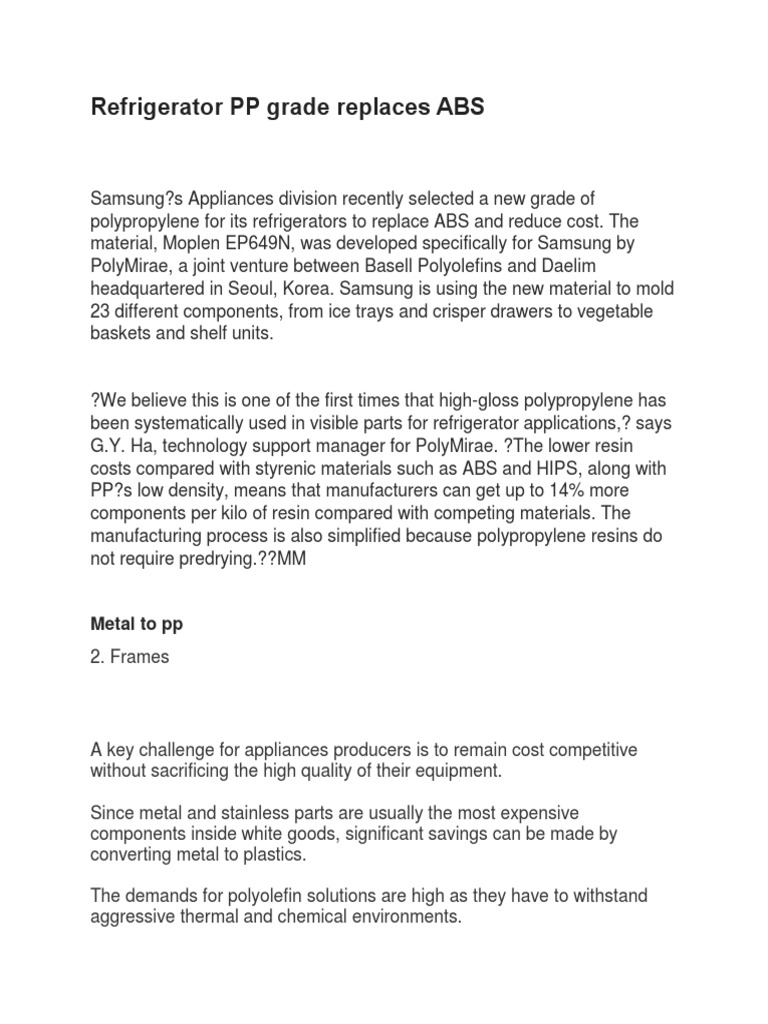 Refrigerator PP Compound Grade Replaces Metal PDF Stainless Steel