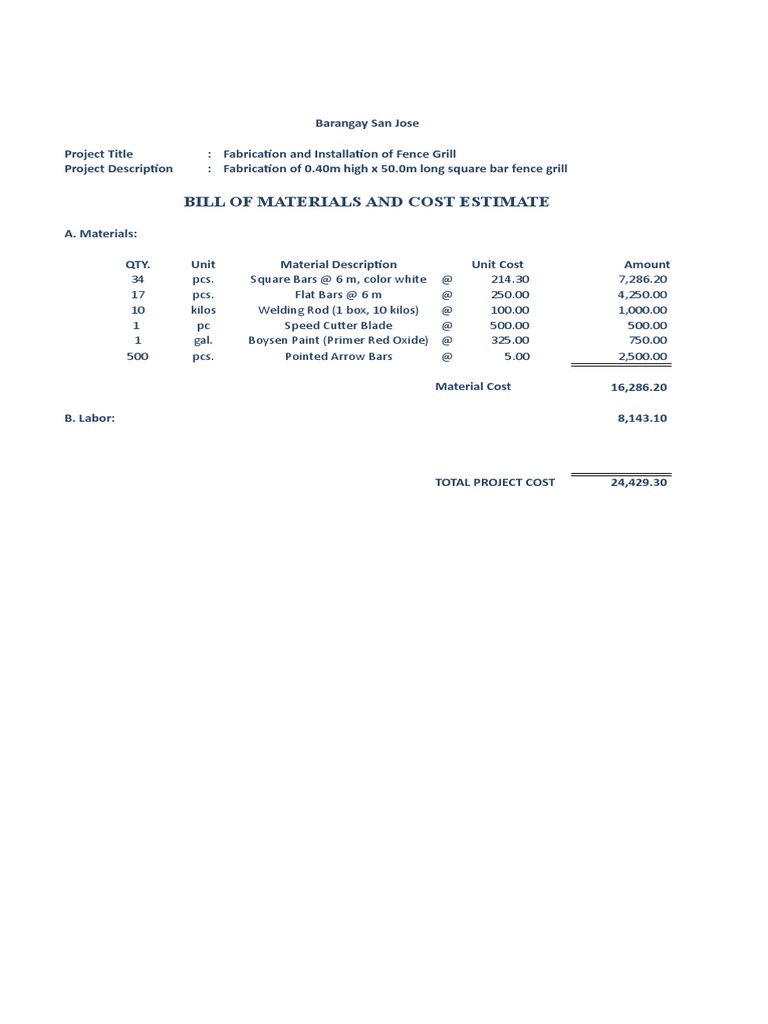 Bill of Materials &amp; Cost Estimates San Jose | PDF