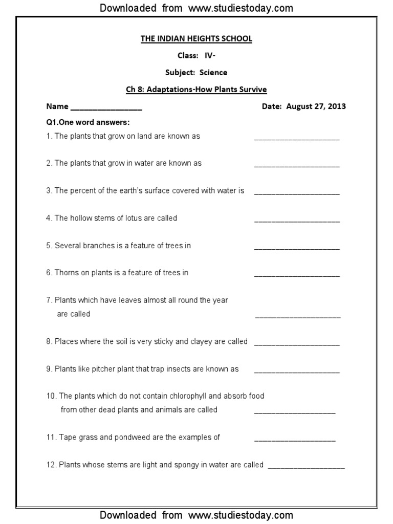 CBSE Class 4 Science Worksheet - Adaptations-How Plants Survive | PDF ...