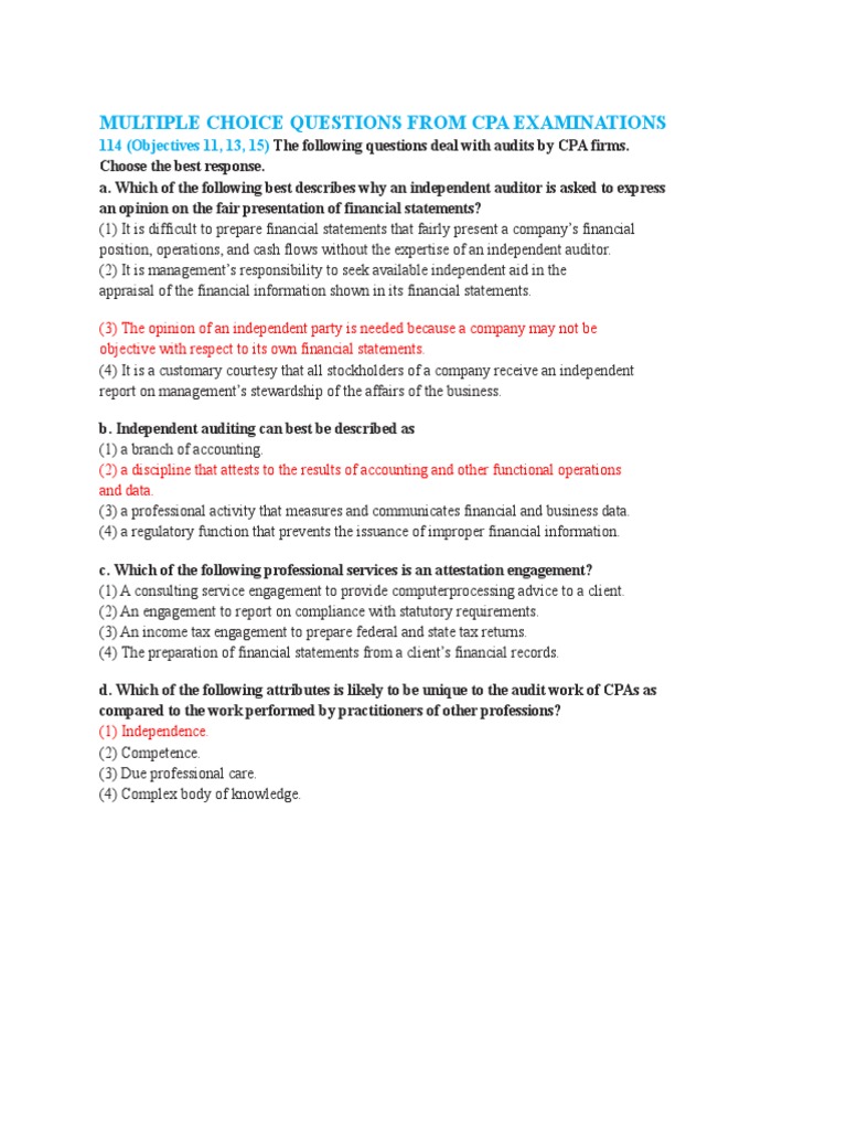 Multiple Choice Questions From Cpa Examinations | PDF | Internal Audit ...