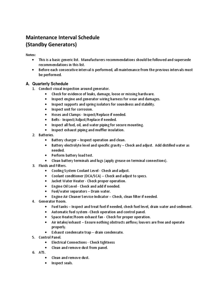 Standby Generator Maintenance Schedule | PDF | Bearing (Mechanical ...