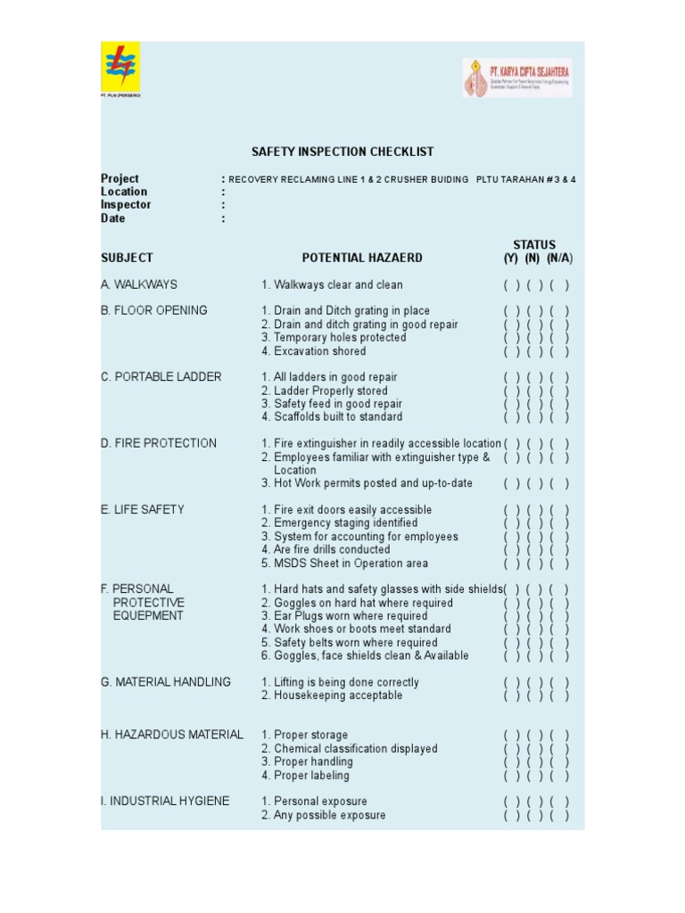 Project Safety Inspection Checklist | PDF | Sanitation | Drinking Water