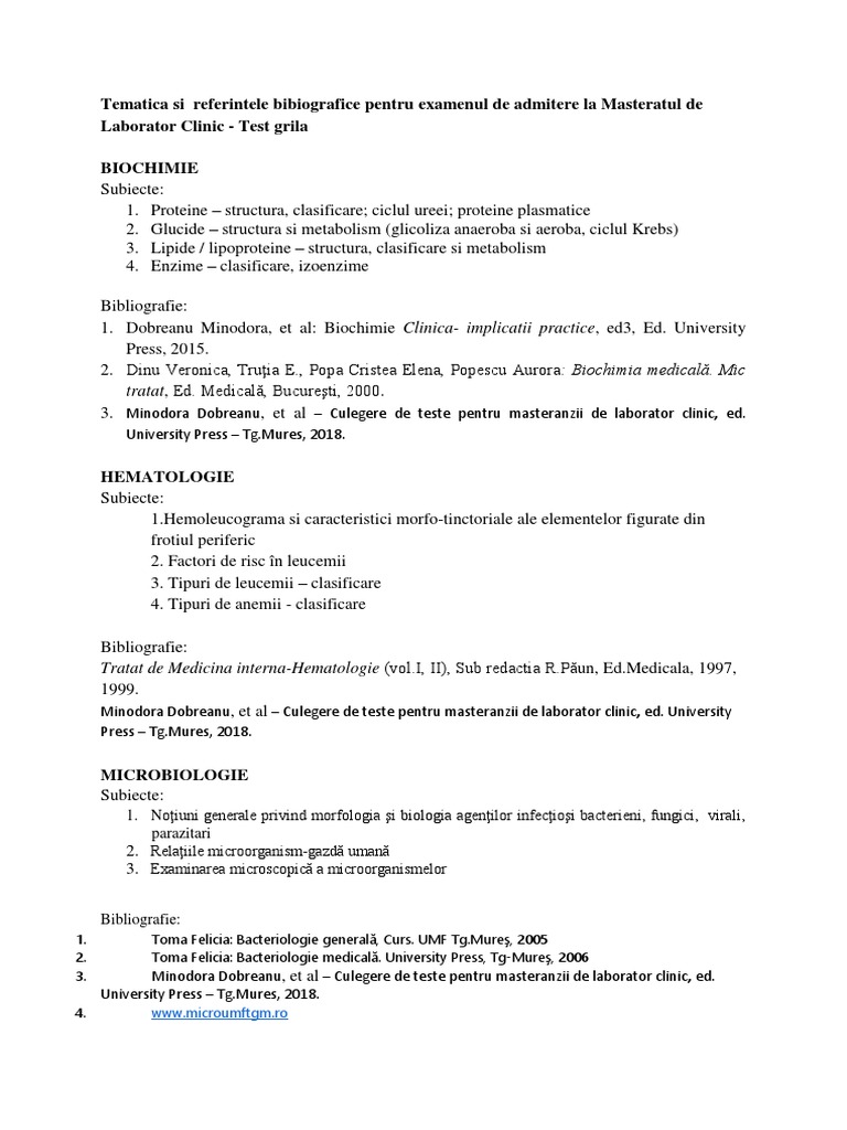 Tematica Si Referintele Bibiografice Pentru Examenul De Admitere La Masteratul De Laborator Clinic Test Grila Biochimie