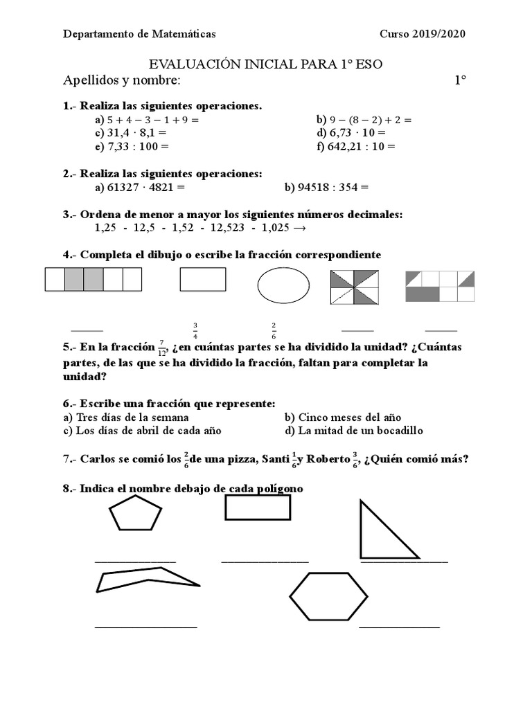 Evaluación Inicial Matemáticas 1º ESO | PDF | Enseñanza de matemática