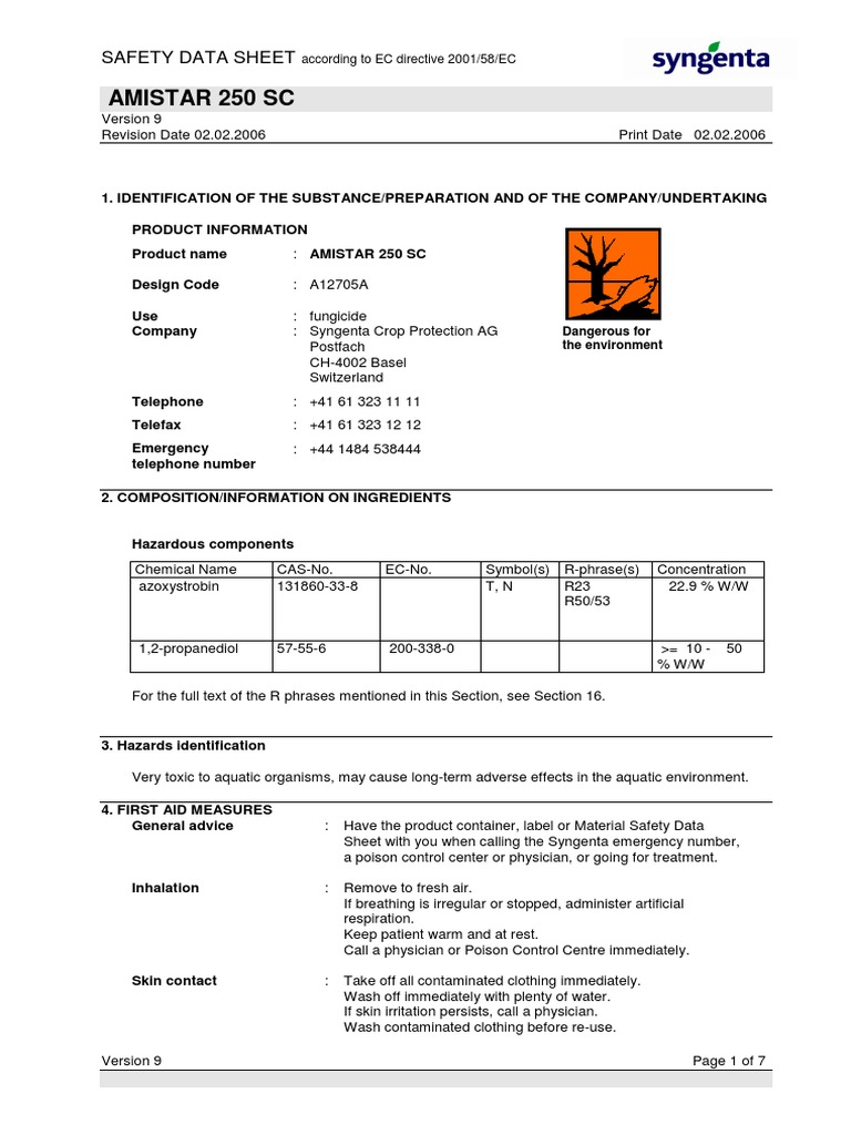 Azoxystrobin 250 SC Safety Data Sheet | PDF | Toxicity | Personal ...