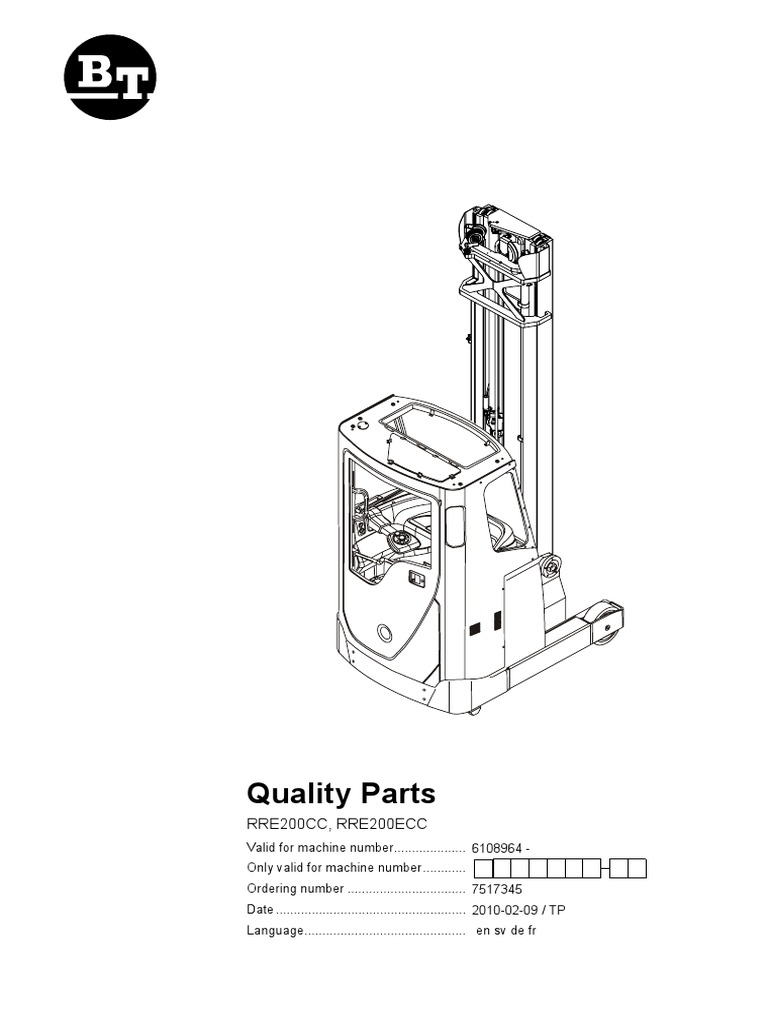 BT Reach Truck PARTS Manual - RRE200CC | PDF | Manufactured Goods | Mechanical Engineering