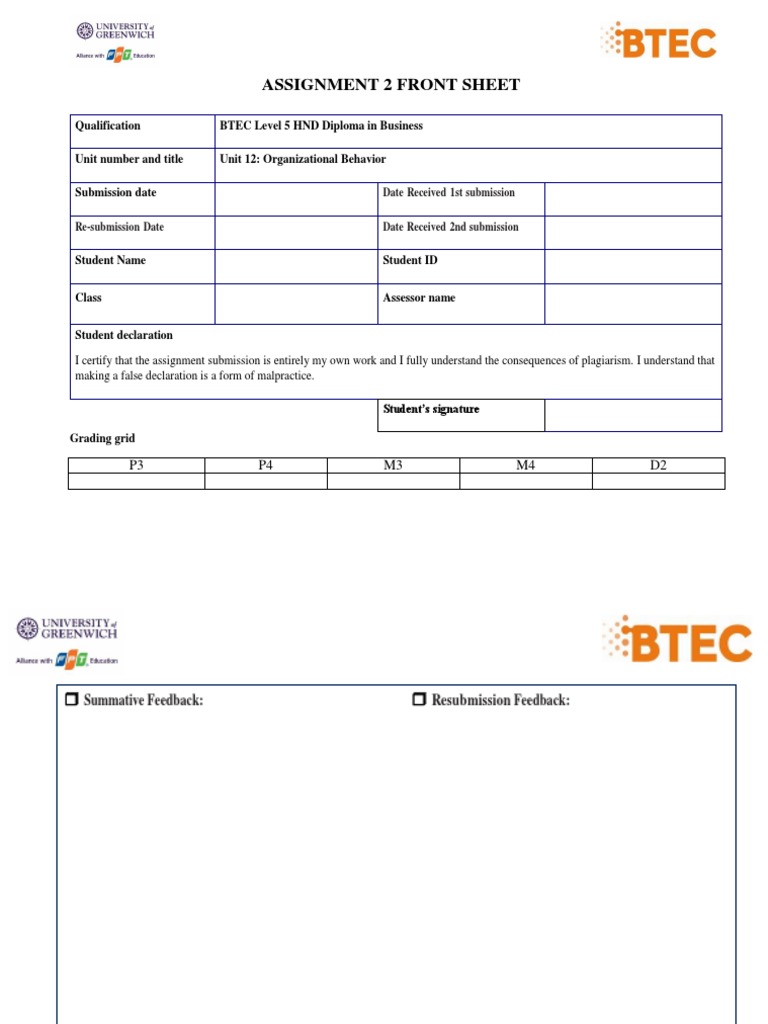 BTEC HND Business Assignment Front Sheet | PDF | Career & Growth