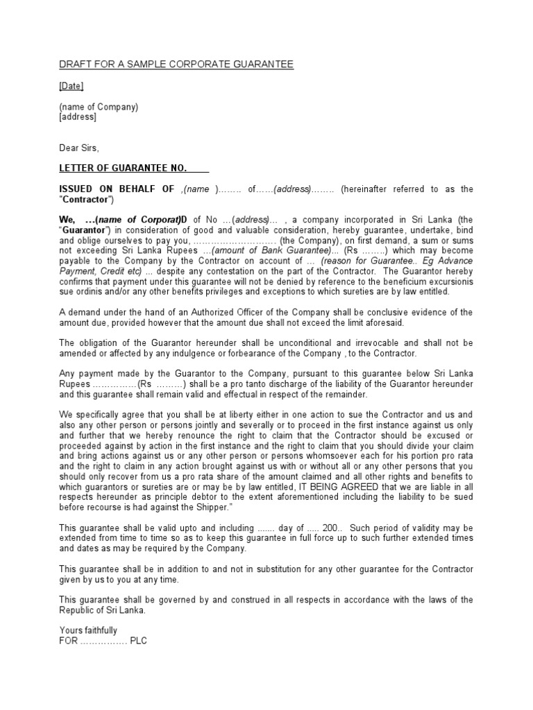 Guarantee - Corporate  PDF  Guarantee  Virtue With Letter Of Guarantee Template