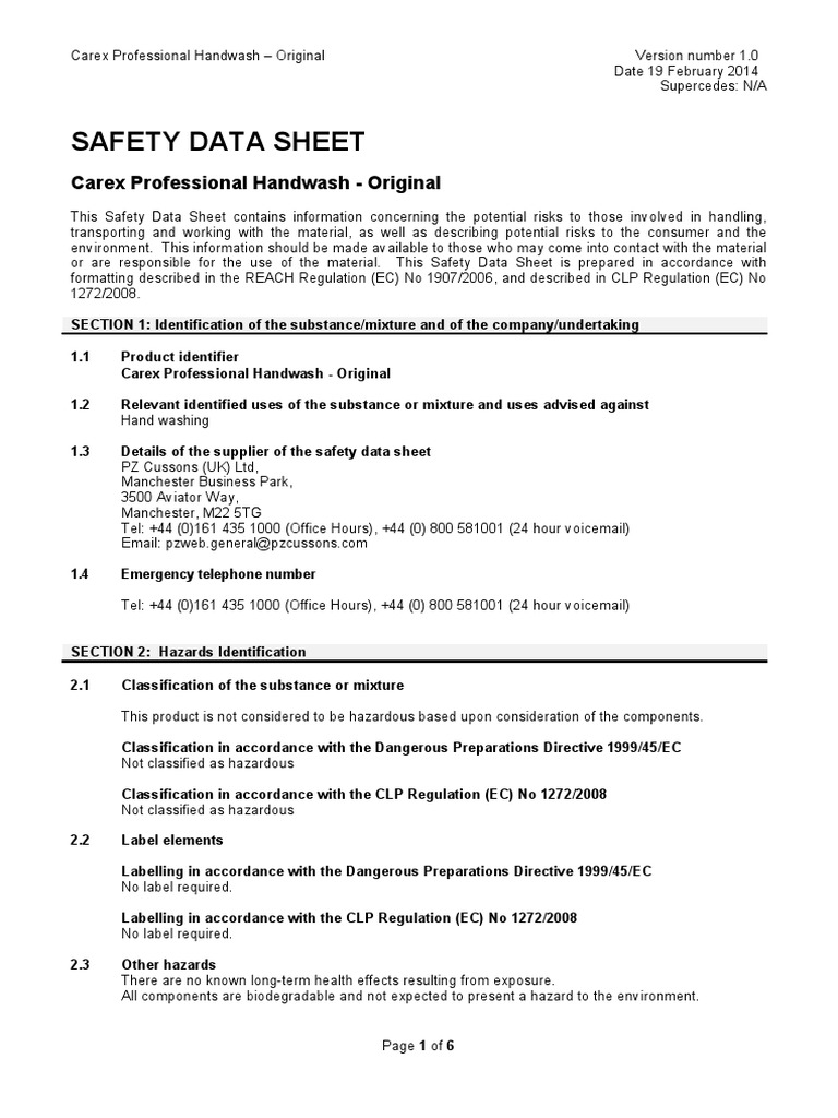 Safety Data Sheet Carex Professional Handwash Original Download