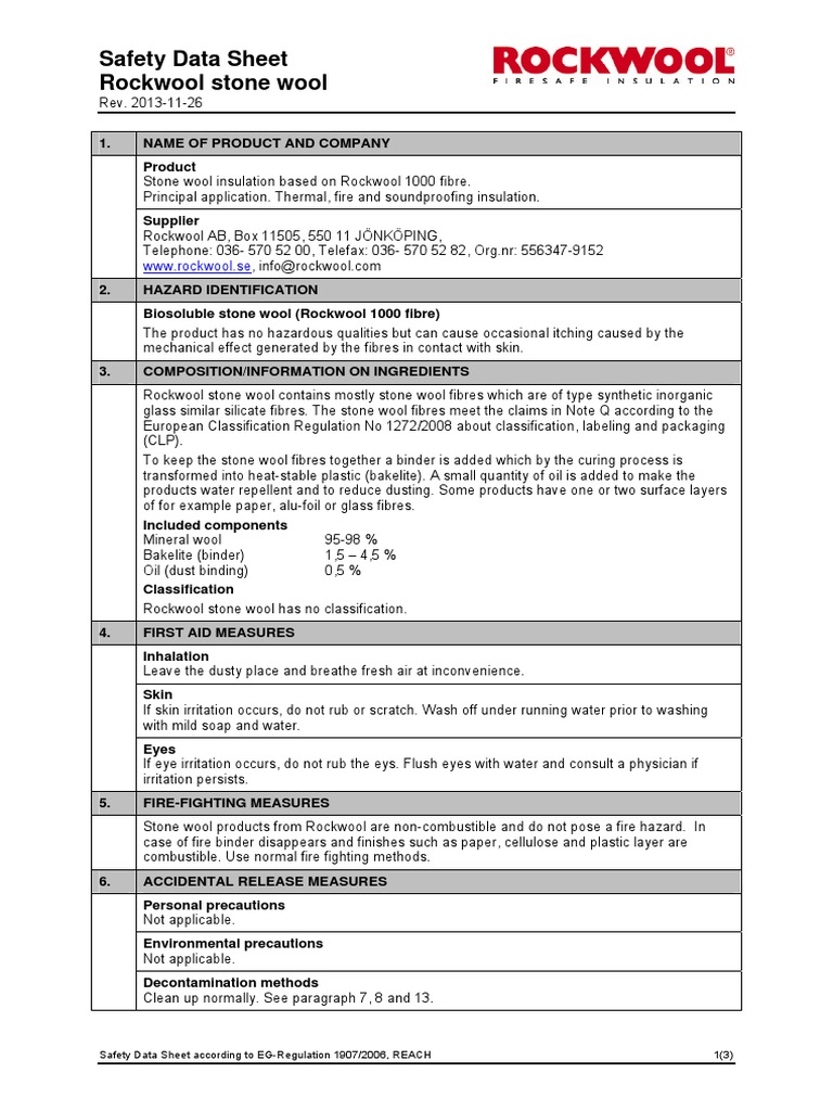 Rockwool Safety Data Sheet 20131126 PDF PDF Materials Chemistry