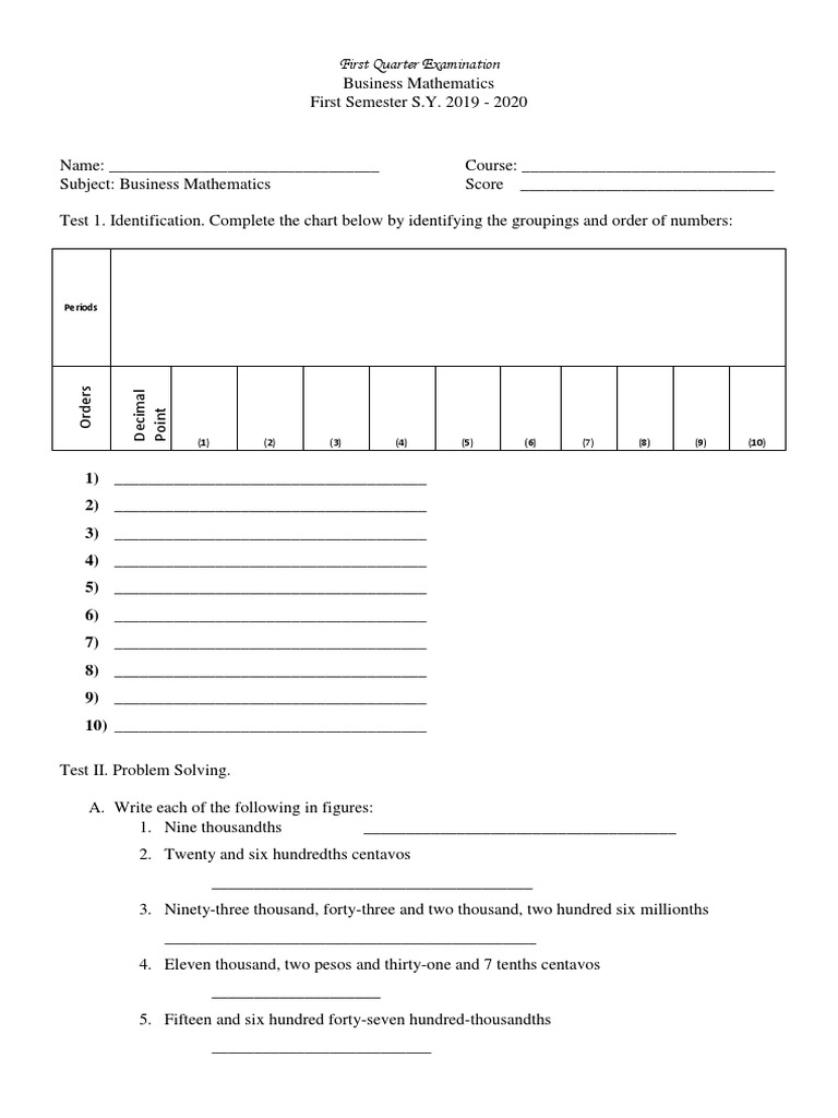 First Quarter Business Math Exam | PDF | Cost Of Goods Sold | Business ...
