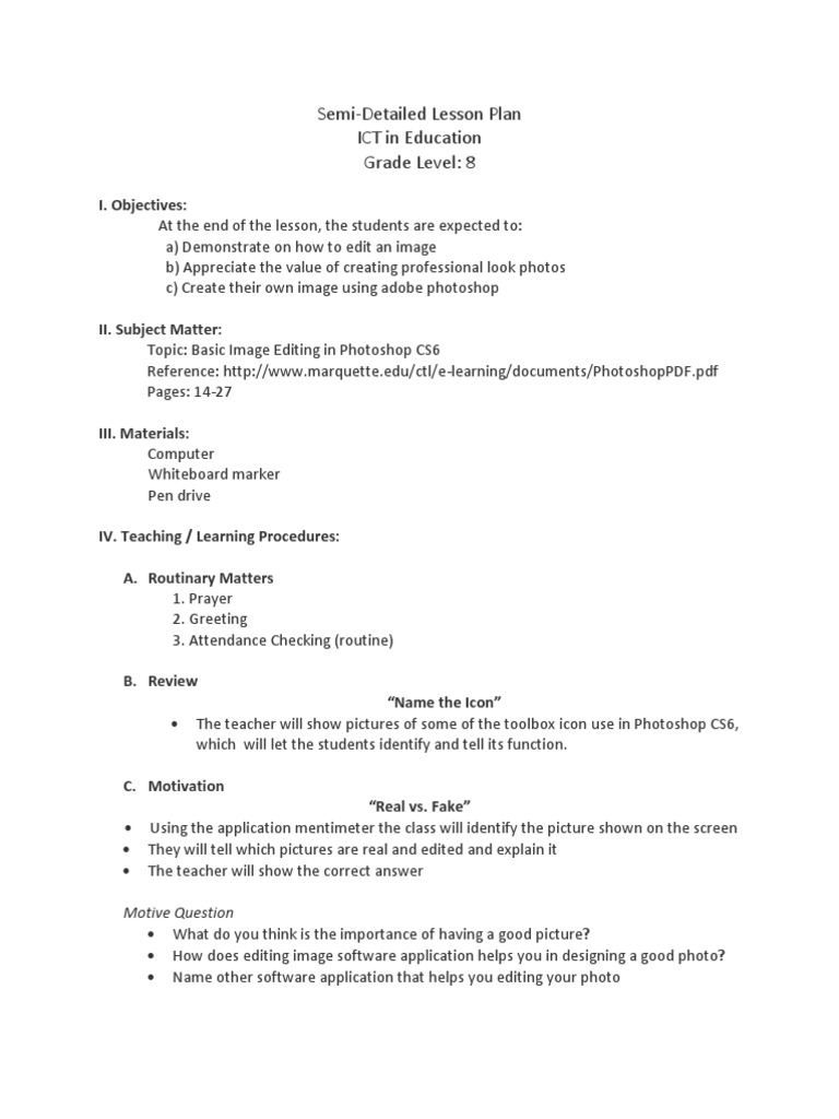 Lesson Plan Adobe Photoshop Imaging