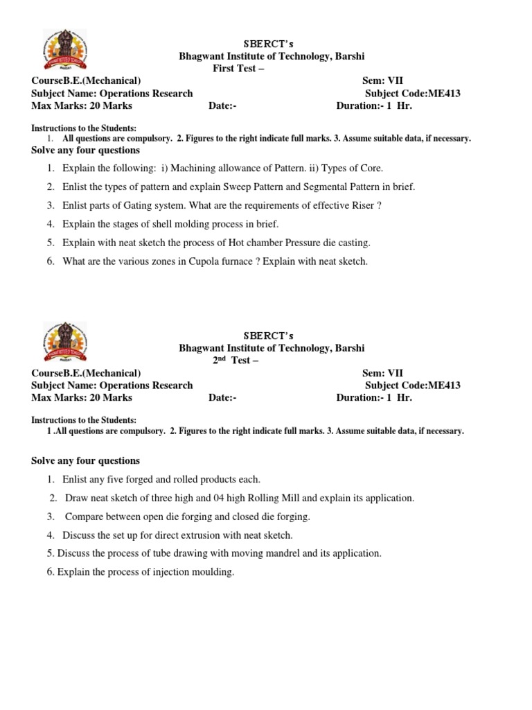 Operations Research Practice Test Questions Covering Metal Casting