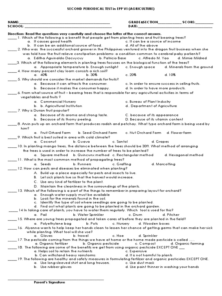 epp grade 6 2nd periodical exam Orchard Trees