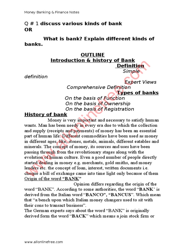 OR What Is Bank? Explain Different Kinds of Banks. Outline Introduction ...