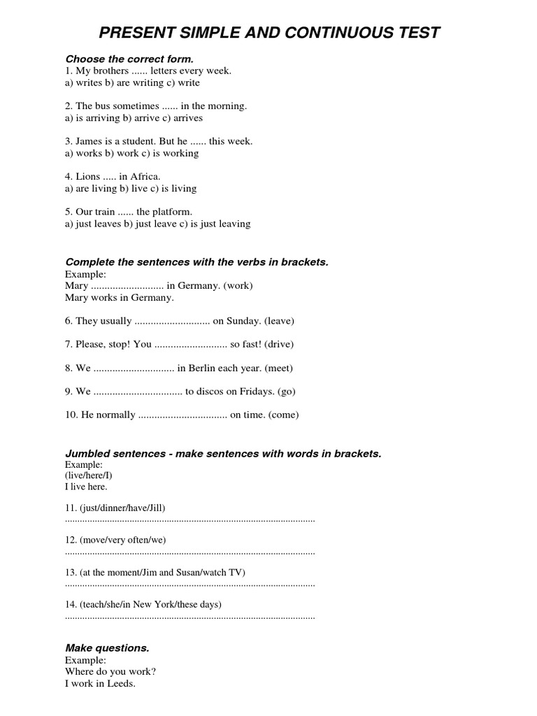 Present Simple and Continuous Test | PDF | Sentence (Linguistics)