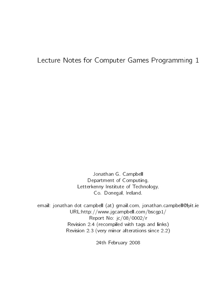Lecture Notes For Computer Games Programming 1 | PDF | Subroutine | 2 D ...