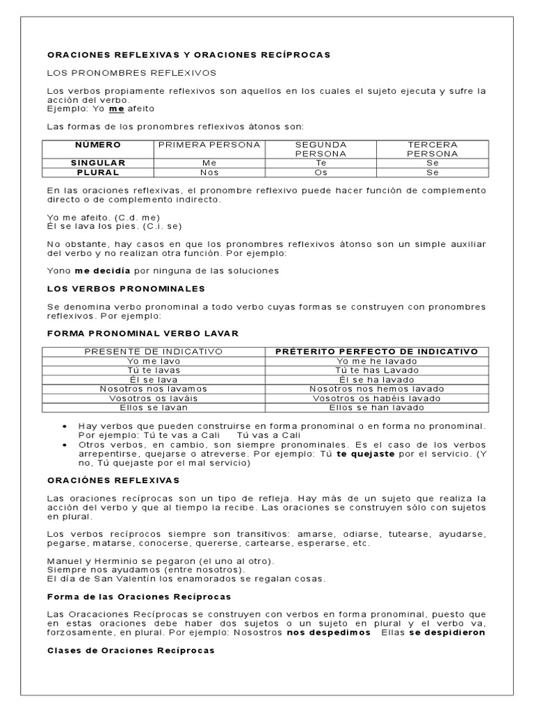 Ejercicio Oraciones Reciprocas y Reflexivas y Pronominales | PDF ...