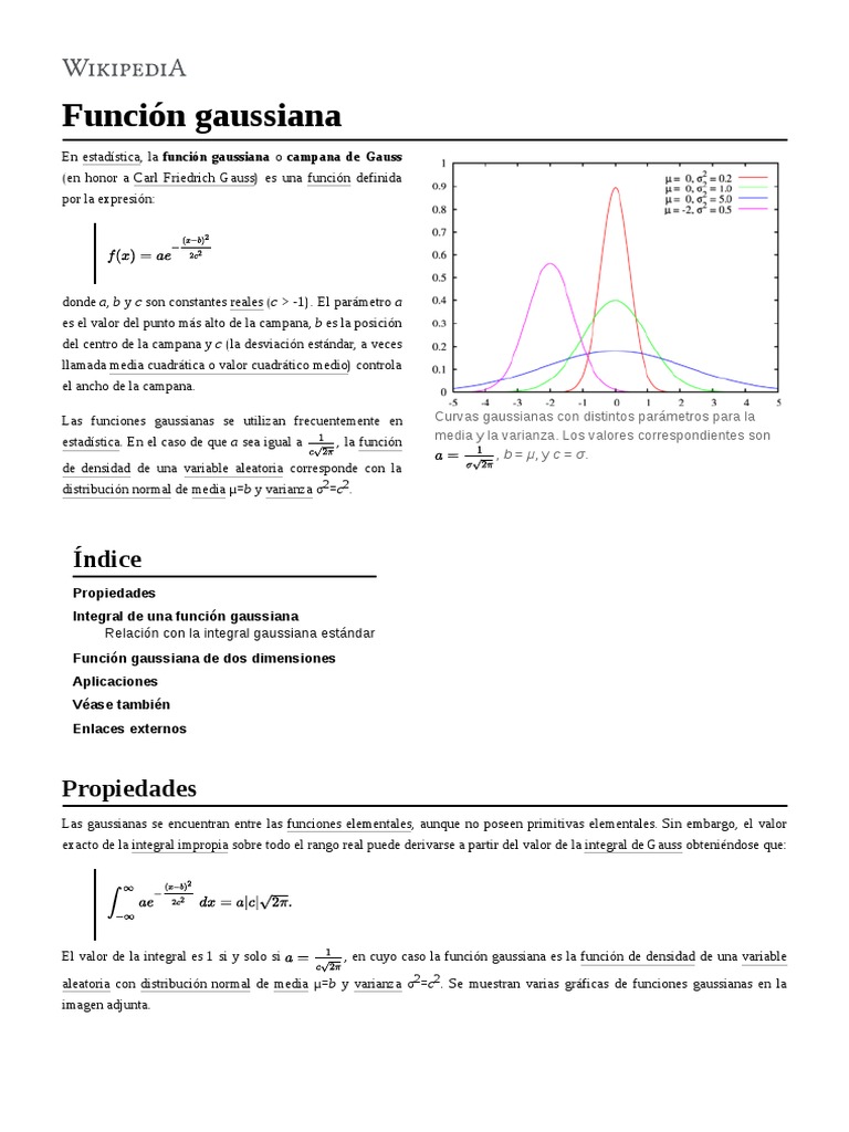 Función Gaussiana Wikipedia PDF Distribución normal Integral