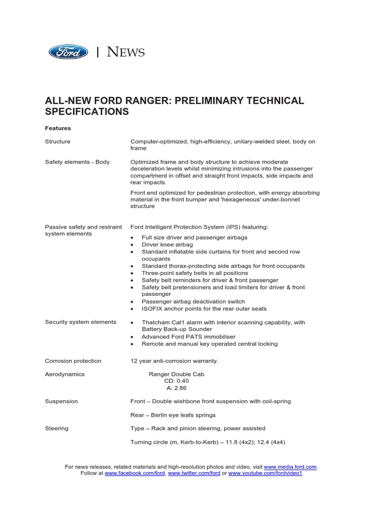 All-New Ford Ranger: Preliminary Technical Specifications: Features ...