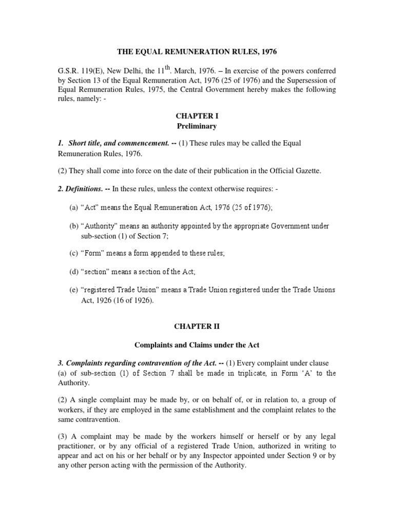 Equal Remuneration Rules, 1976 | PDF | Trade Union | Employment