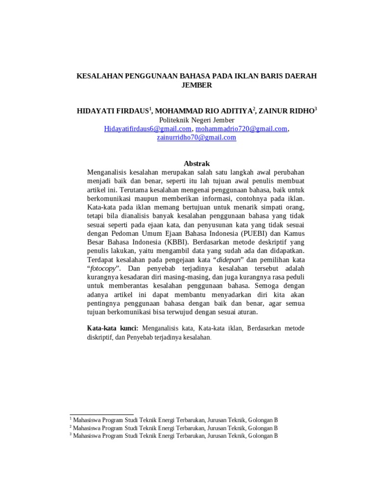 Artikel Ilmiah Kesalahan Penggunaan Bahasa Dalam Iklan Baris Daerah Jember Pdf Io Pdf