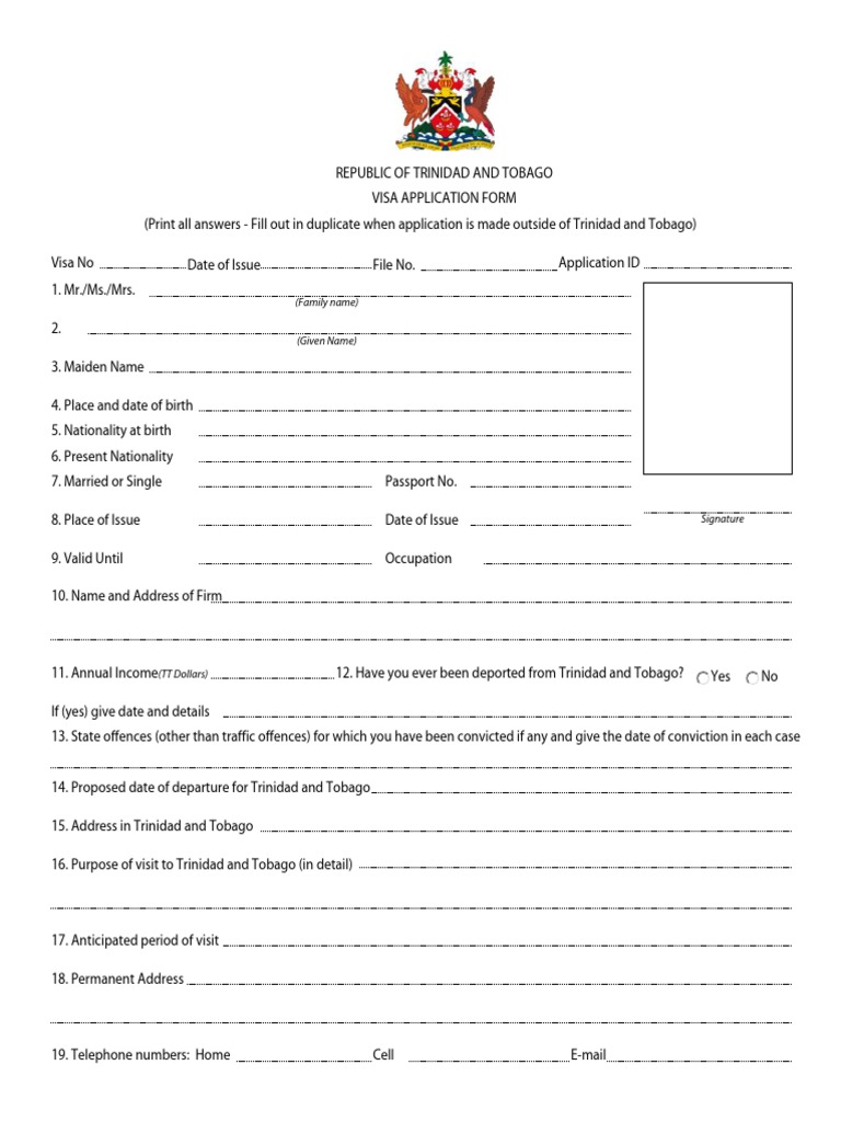 Trinidad and Tobago Visa Application Form | PDF | Travel Visa ...