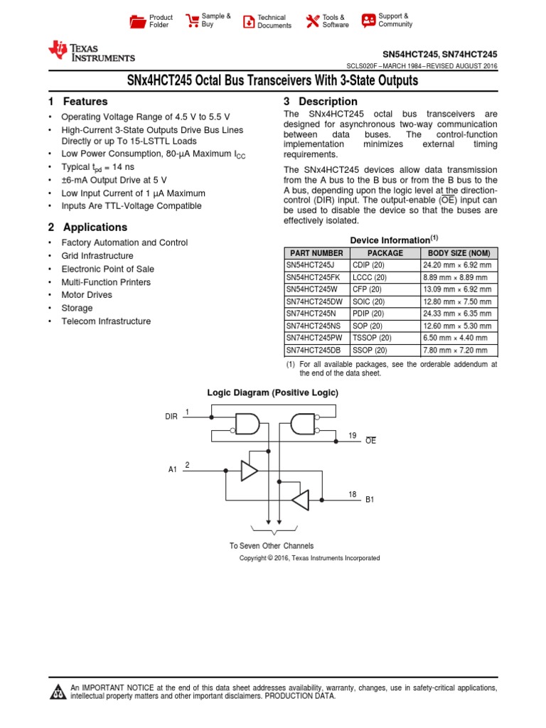 Sn74hct245 Octal Bus Transceivers | PDF | Electrostatic Discharge ...
