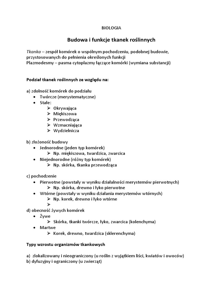Sprawdzian Tkanki Roslinne Klasa 5
