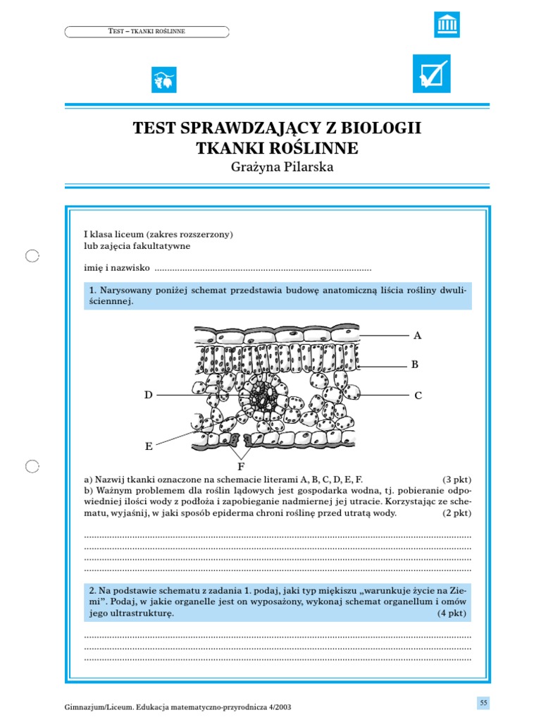 Sprawdzian Biologia Tkanki Roślinne Klasa 5