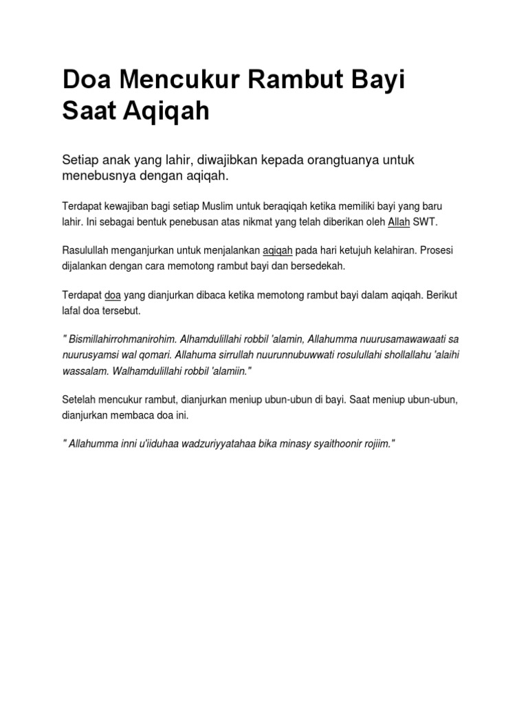 Doa Mencukur Rambut Bayi Saat Aqiqah | PDF