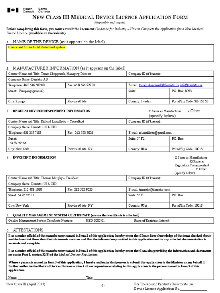 Class III Medical Device Application Form | PDF | Medical Device ...