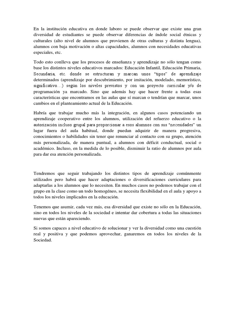 Diversidad y Educación Inclusiva | PDF | Salón de clases | Aprendizaje