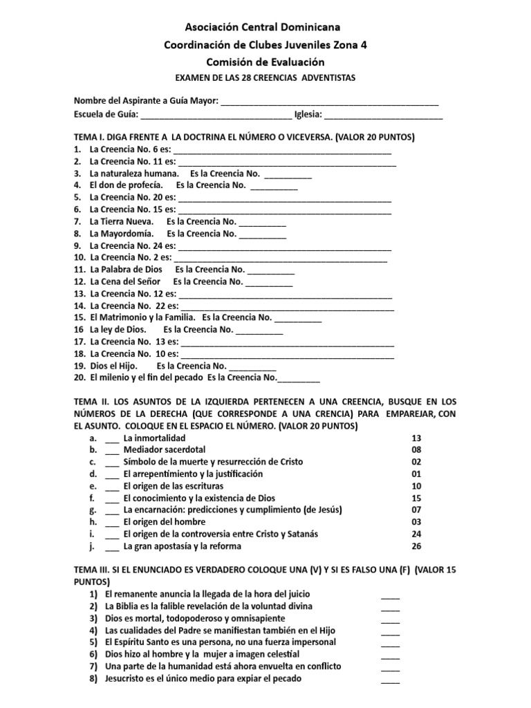 Examen de Las 28 Creencias Adventistas Zona 4 | PDF | Expiación en el