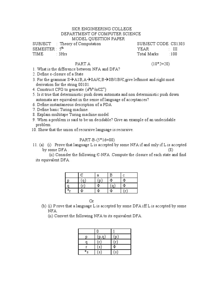 CS1303 Theory of Computation Model Paper | PDF | Syntax (Logic ...
