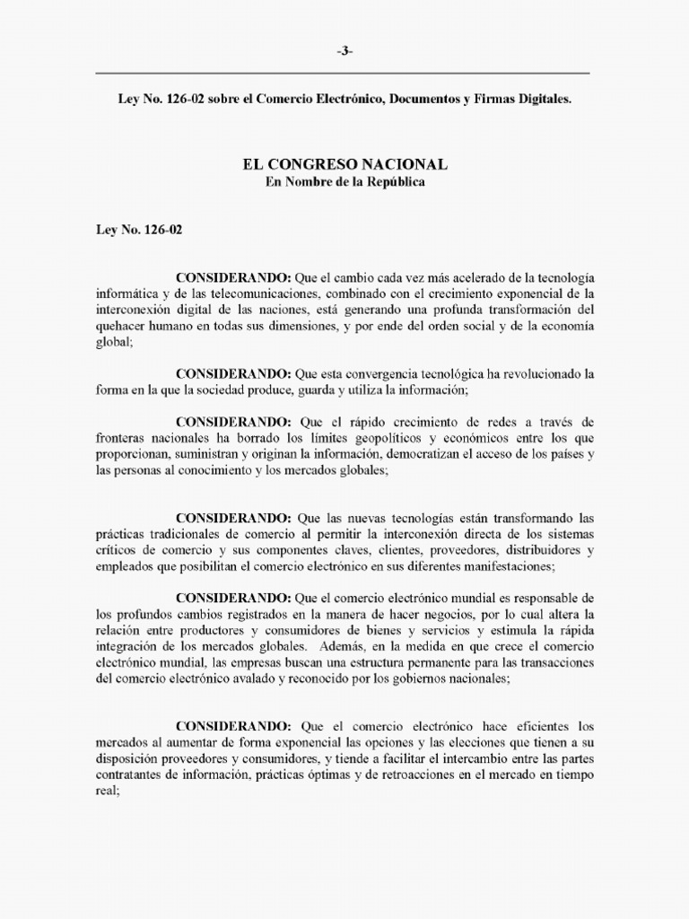 Ley No 126 02 Sobre El Comercio Electronico Documentos Y Firmas