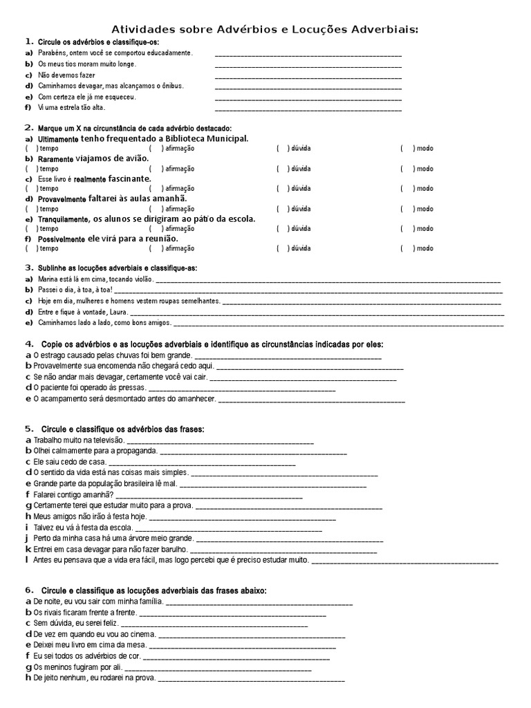 Atividades sobre Advérbios e Locuções Adverbiais: Classificação e ...