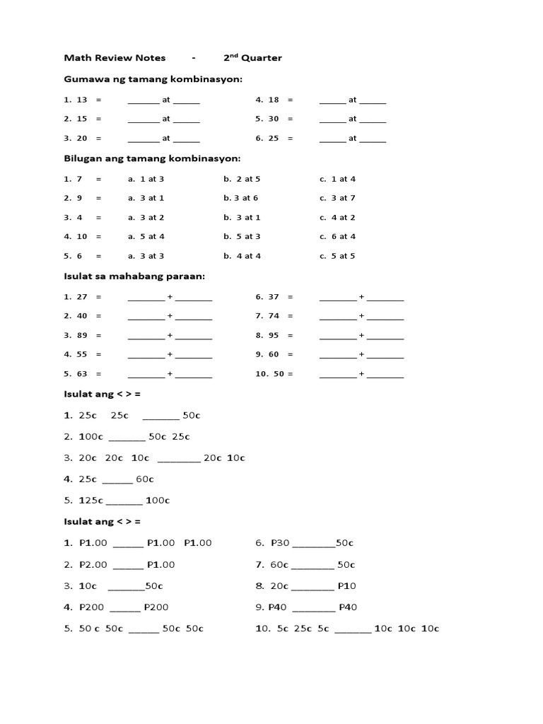 MATH Review Notes - 2nd Quarter | PDF