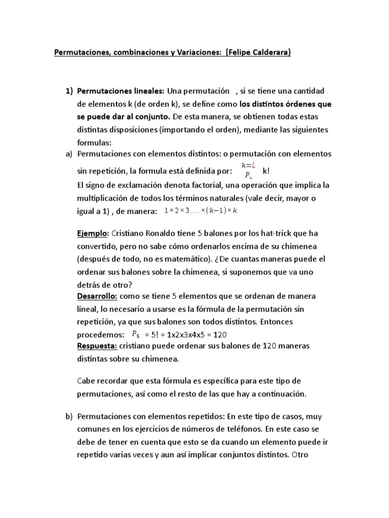 Ejercicios Permutaciones Variacion y Combinaciones | PDF | Permutación ...