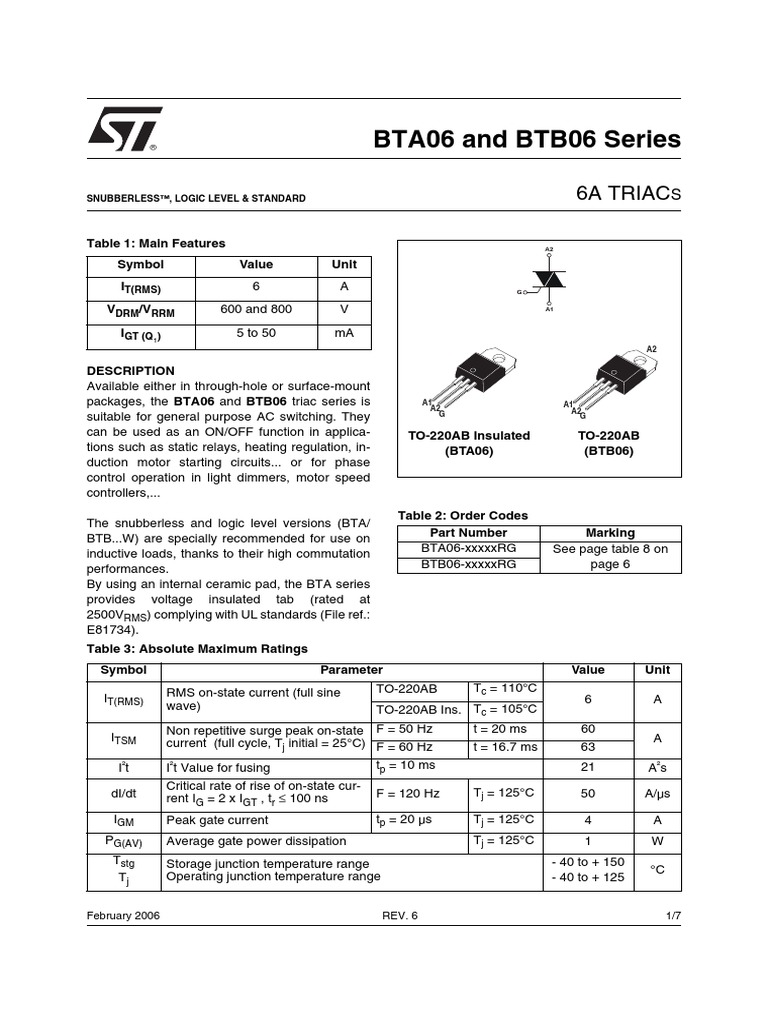 BTA06 and BTB06 Series: 6A Triac | PDF | Electrical Engineering ...