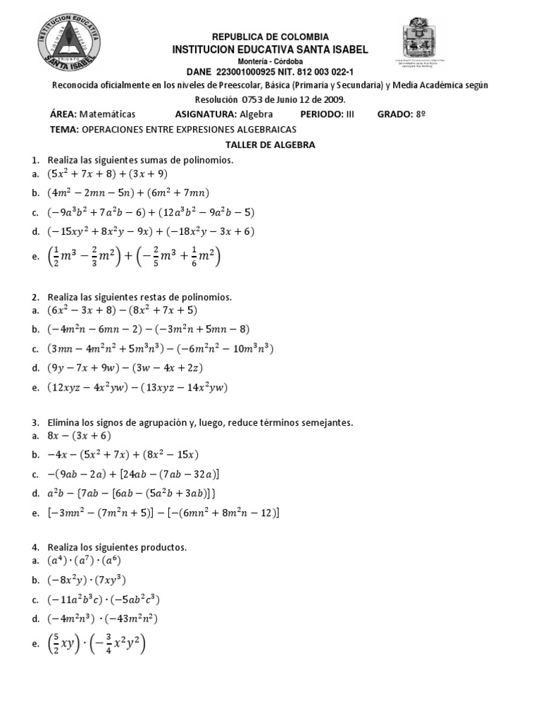 Taller de Operaciones Algebraicas | PDF