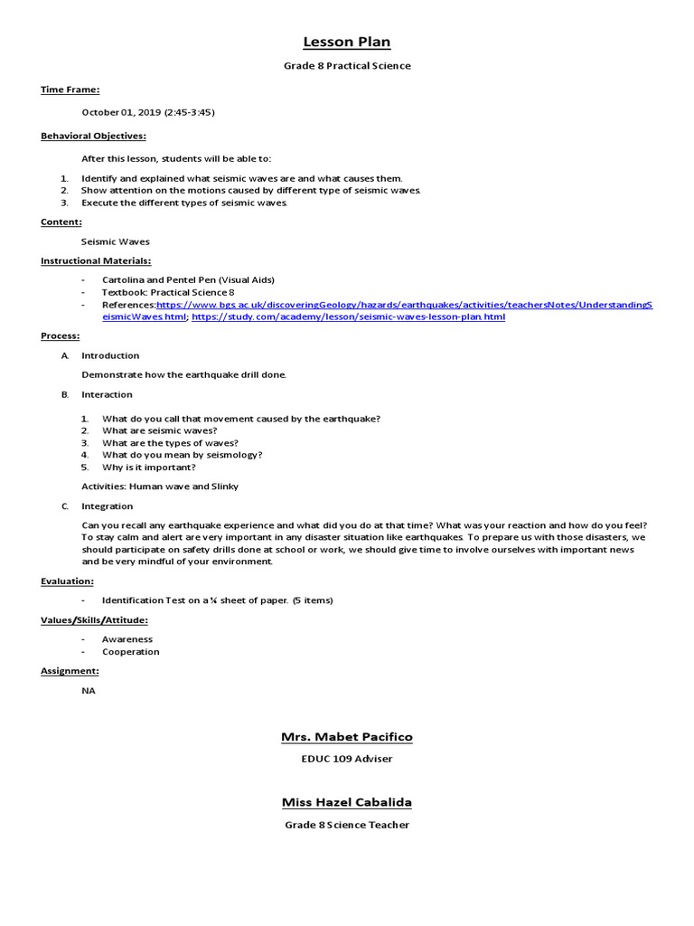 Grade 8 Seismic Waves Lesson Plan | PDF