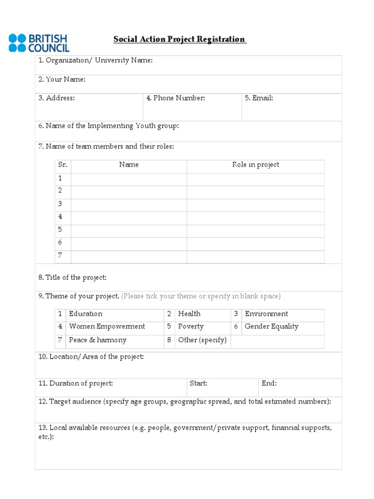 Social Action Project Registration: (Please Tick Your Theme or Specify ...