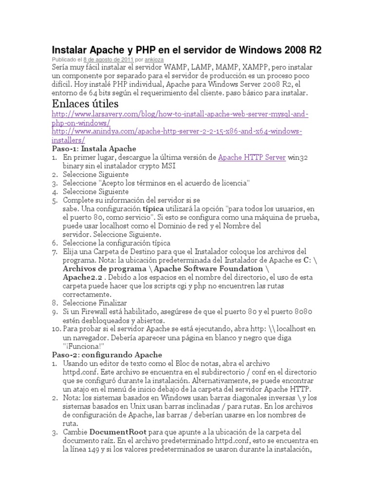 Instalar Apache y PHP en El Servidor de Windows 2008 R2 | PDF ...